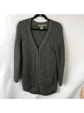Inis Crafts Cardigan Sweater Womens S Green Merino Wool Aran Cable Ireland